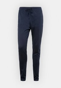 Pantalons de jogging extensibles bleu marine avec une taille élastique et un cordon de serrage réglable, présentant une coupe ajustée et une texture douce.