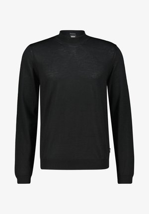 Schwarzer Pulli mit langen Ärmeln und Rundhalsausschnitt, mit gerippten Bündchen und Saum, aus leichtem Stoff, und einem Boss-Logo-Tag in der Nähe des Kragens und der Seitennaht.