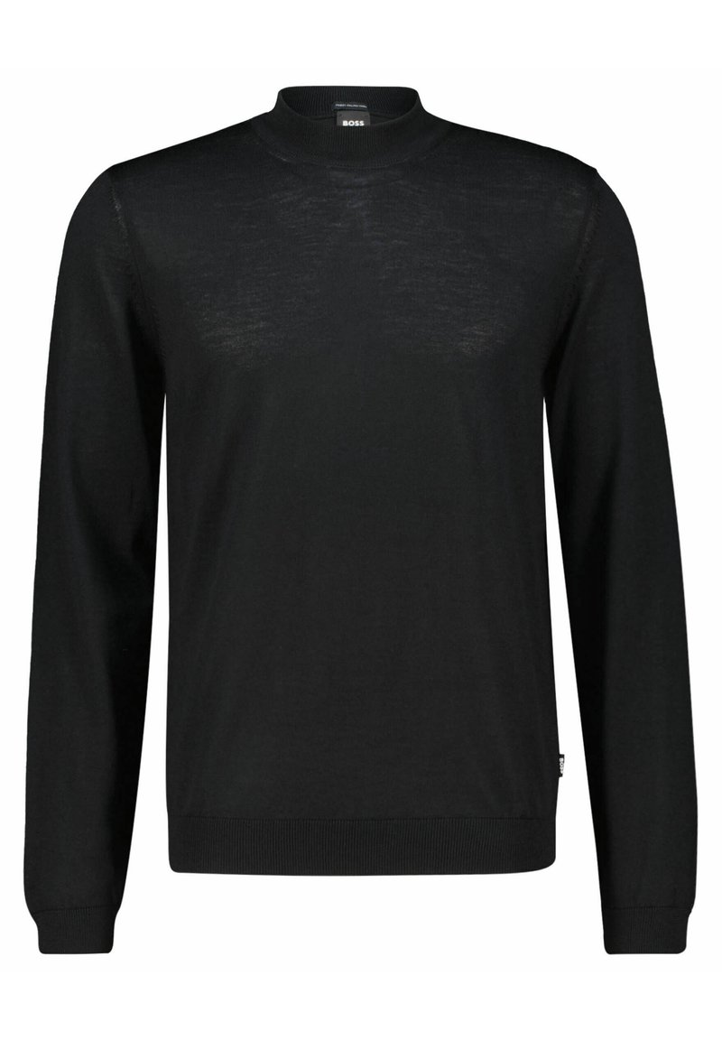 Schwarzer Pulli mit langen Ärmeln und Rundhalsausschnitt, mit gerippten Bündchen und Saum, aus leichtem Stoff, und einem Boss-Logo-Tag in der Nähe des Kragens und der Seitennaht.
