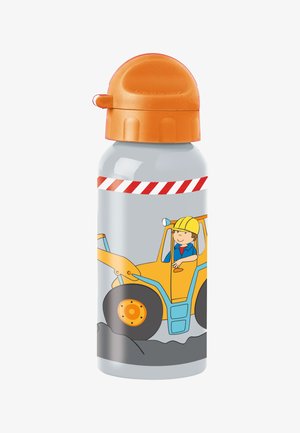 Gray metal water bottle with an orange cap, featuring a cartoon construction vehicle and a child in a yellow hard hat.