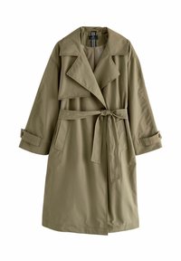 Olivengroene trenchcoat met een dubbelrijige ontwerp, brede kraag, ceintuur in de taille en omgeslagen mouwen. Gemaakt van een gladde, lichtgewicht stof.
