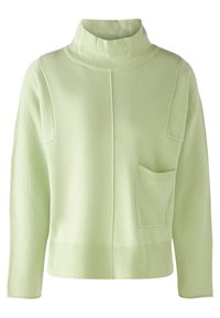 Maglione verde chiaro a maniche lunghe con collo alto, cucitura centrale, orlo a coste e una sola tasca frontale sul lato destro.