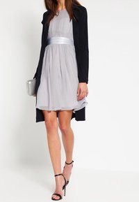 Šedé bezramínkové šaty s plisovaným živůtkem, stříbrná stužka v pase, vrstvená sukně. V kombinaci s dlouhým černým sakem a stříbrnou kabelkou. Černé lodičky.