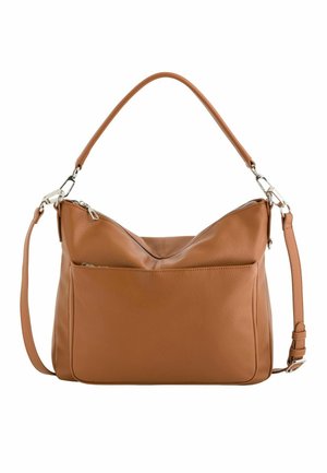 Braune Lederhandtasche mit Tragegriff oben, verstellbarem Schultergurt, großer vorderer Reißverschlusstasche und silbernen Designdetails.