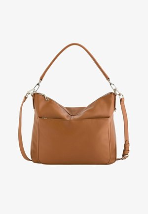 Geantă de mână din piele maro cu mâner superior, curea de umăr reglabilă, buzunar frontal mare cu fermoar și detalii din metal argintiu.