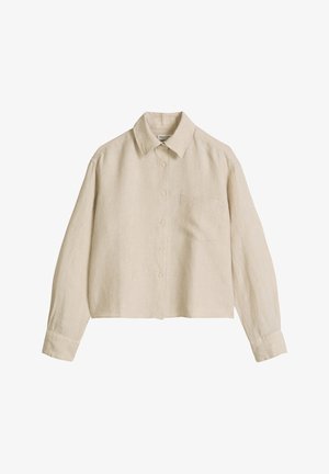 Chemise beige en lin à manches longues avec boutons sur le devant, poche poitrine gauche, col classique et poignets à boutons.
