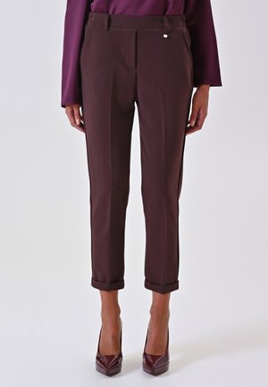 Pantalon marron ajusté avec ourlet roulé, poches latérales et un subtil détail en argent, fabriqué dans un tissu lisse.