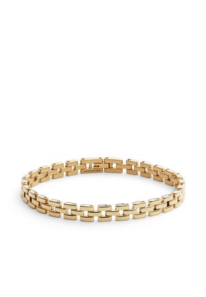 Bracciale a catena in oro con maglie rettangolari disposte in due file parallele che formano un design flessibile e lucido.