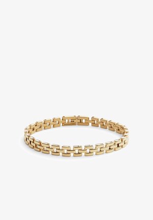 Bracciale a catena in oro con maglie rettangolari disposte in due file parallele che formano un design flessibile e lucido.