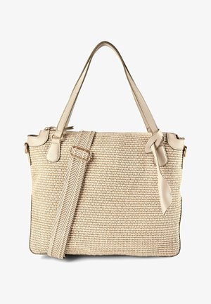 Borsa tote beige intrecciata con manici in pelle, tracolla regolabile a motivo chevron e dettaglio a nodo in pelle su un manico.