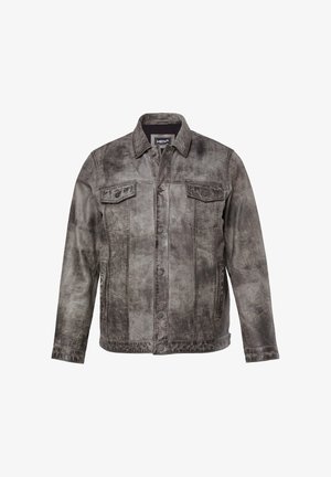 Grijze denimjas met een vervaagde afwerking, knoopsluiting, twee borstzakken en een puntige kraag. Voorzien van klassieke stiksels en lange mouwen.