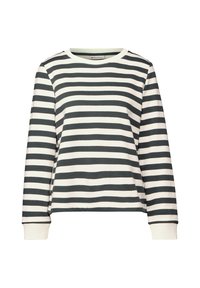 Top de manga larga a rayas en verde oscuro y crema, con cuello redondo y puños acanalados, elaborado con una tela suave y texturizada.