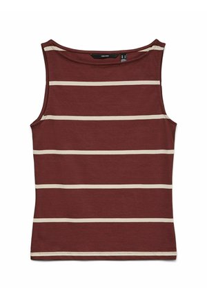 Ærmeløs mørkerød top med vandrette beige striber jævnt fordelt over fronten, med rund halsudskæring.