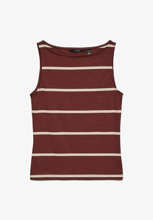Ærmeløs mørkerød top med vandrette beige striber jævnt fordelt over fronten, med rund halsudskæring.