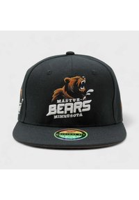 Mustakäytävä lippalakki, jossa on karhukuva ja brodeerattu teksti "MASTUR BEARS MINNESOTA". Lippalakissa on tasainen visiiri ja värikäs brändätty tarra.