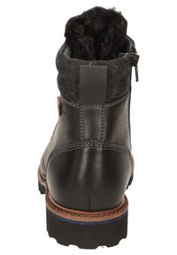 Schwarze Lederstiefelette mit einem grauen Filzoberteil, strukturiertem Kragen, Reißverschluss und robuster Gummisohle mit braunen Akzenten.