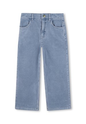 Lichtblauwe corduroy broek met wijde pijpen, voorzakken, riemlussen en een knoopsluiting in de taille.