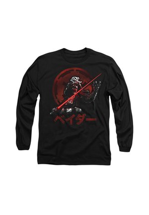 Schwarzes Langarmshirt mit einem grafischen Design, das einen Charakter zeigt, der ein rotes Lichtschwert vor einem kreisförmigen roten Hintergrund hält. Text in Japanisch.