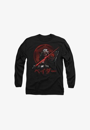 Black long-sleeve shirt featuring a graphic design with a character holding a red lightsaber against a circular red background. Text in Japanese.