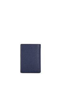 Portafoglio in pelle blu navy con finitura testurizzata, design pieghevole a due lati e senza hardware o accentuazioni visibili, caratterizzato da una forma rettangolare.