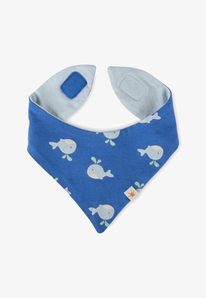 Blue baby bib with whale patterns, triangular shape, and Velcro fastening on light gray fabric ends.