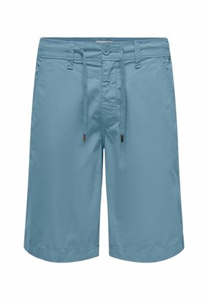 Pantaloni corti azzurri realizzati in tessuto morbido, dotati di una vita con cordoncino, chiusura frontale a bottone e taglio dritto, con tasche laterali.