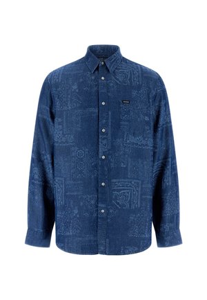 Marineblå langærmet skjorte med knapper, der har et detaljeret lyseblåt paisleymønster, en frontlomme og et lille mærke emblem på brystet.