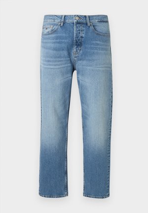 Light blue denim jeans with a straight-leg cut, featuring a faded wash, five pockets, and metal button closure. Contrast stitching detail.