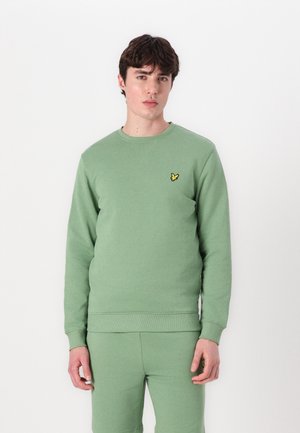 Sudadera verde clara hecha de tela suave, con un cuello redondo y puños acanalados. Un pequeño emblema amarillo está situado en el lado izquierdo del pecho.