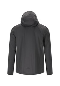 Waterdichte zwarte jas met een capuchon, lange mouwen en een gladde, matte afwerking. Beschikt over een minimalistisch ontwerp zonder zichtbare hardware.