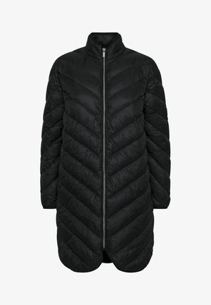 Schwarze Pufferjacke mit hohem Kragen, ausgestattet mit einem Chevron-Steppmuster, Reißverschluss und mittellangem Design. Weicher Stoff.