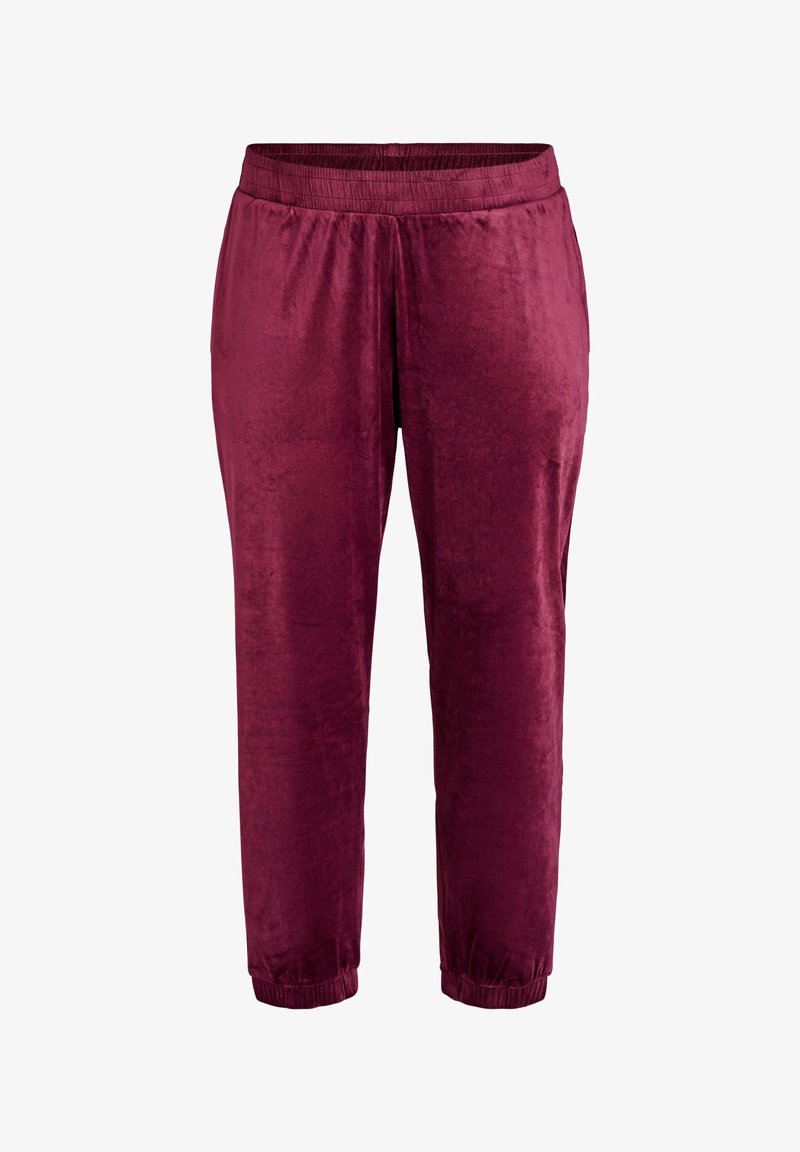 Burgundské sametové joggery s elastickým pasem, zužujícími se manžetami a hladkou texturou. Lehká a vhodná pro běžné nošení.