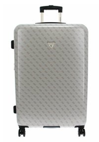 Valise en plastique avec un fond blanc, motif logo en relief beige, poignée rétractable, et quatre roues noires.