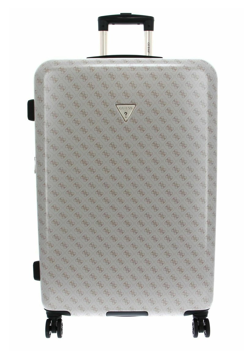 Valise en plastique avec un fond blanc, motif logo en relief beige, poignée rétractable, et quatre roues noires.