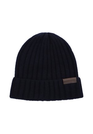 Granatowa, prążkowana czapka beanie z podwiniętym mankietem; posiada małą brązową skórzaną metkę z logo "LANERTO". Miękka w dotyku, dobrze dopasowana.