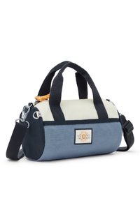 Compact duffel bag in blue, white, and navy. Features fabric material, dual handles, adjustable strap, and a logo patch on the side.