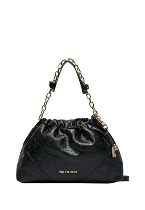 Schwarze Valentino weiche Ledertasche mit gerafftem oberen Abschluss, goldenem Kettenhenkel und kleinem goldenem Logo vorne.