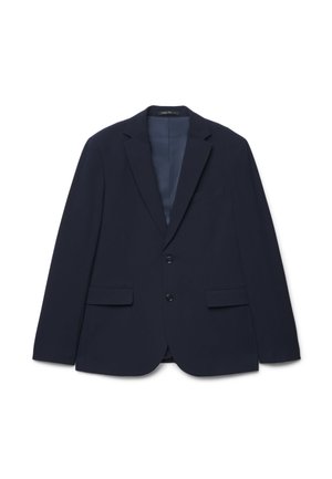 Marineblauer Herrenblazer mit zwei Knöpfen, Kerbfallrevers, zwei vorderen Pattentaschen und einer Brusttasche, flach auf weißem Hintergrund gezeigt.