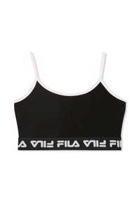 Svart crop top med tunna band, med en kontrasterande rosa kant och ett brett elastiskt band med vit "FILA"-logotyp. Slät textur.