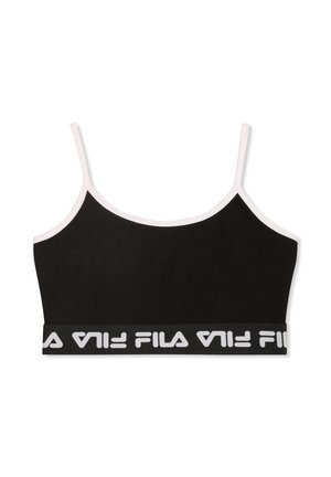 Sort crop top med tynde stropper, med en kontrasterende pink kant og et bredt elastisk bånd med hvid "FILA" logo. Glat tekstur.