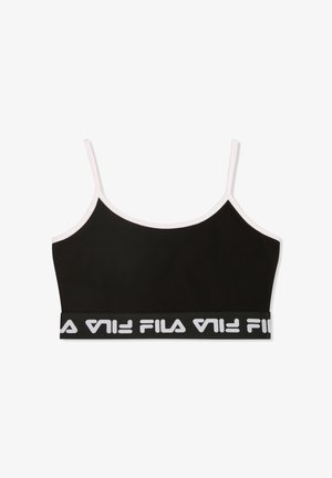 Sort crop top med tynde stropper, med en kontrasterende pink kant og et bredt elastisk bånd med hvid "FILA" logo. Glat tekstur.