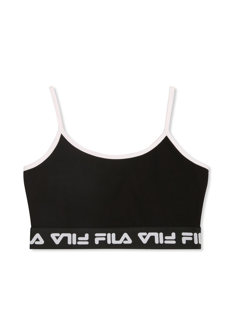 Svart crop top med tunna band, med en kontrasterande rosa kant och ett brett elastiskt band med vit "FILA"-logotyp. Slät textur.