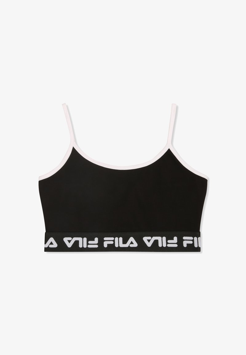 Sort crop top med tynde stropper, med en kontrasterende pink kant og et bredt elastisk bånd med hvid "FILA" logo. Glat tekstur.