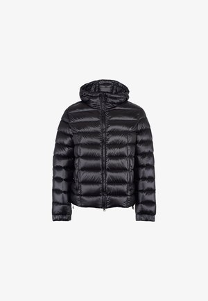 Giacca a vento nera con cappuccio, caratterizzata da un design trapuntato e una finitura lucida. Chiusura centrale con zip e tasche laterali con rifiniture con zip.