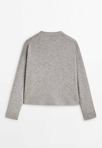 Pull gris clair en maille avec manches raglan longues, poignets et ourlet côtelés, présenté de dos sur fond blanc.