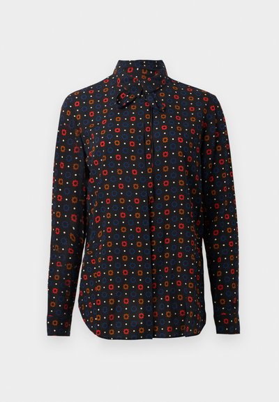 Long-sleeve shirt made of fabric with a black background, featuring a repetitive floral pattern in red, blue, and brown hues. Pointed collar.