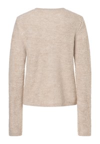 Beige pulloversweater met lange mouwen, een ronde hals en een gestructureerd breipatroon. Zacht materiaal met een relaxte pasvorm en geen zichtbare hardware.