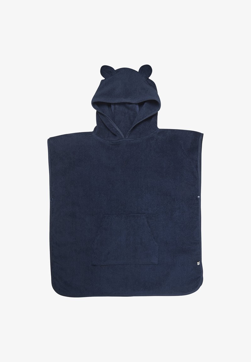 Poncho serviette à capuche bleu marine avec des oreilles d'ours, fabriqué en tissu éponge doux. Il dispose d'une poche frontale et de bords arrondis pour plus de confort.