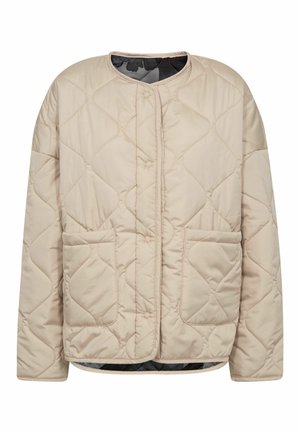 Beige quilted jacket with a round neckline, front button closure, two patch pockets, and a black camo inner lining. Soft material.