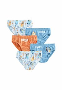 Ensemble de cinq culottes pour enfants présentant des personnages de chiens de dessin animé. Les couleurs incluent le bleu clair, l'orange et le bleu, avec divers motifs et imprimés.